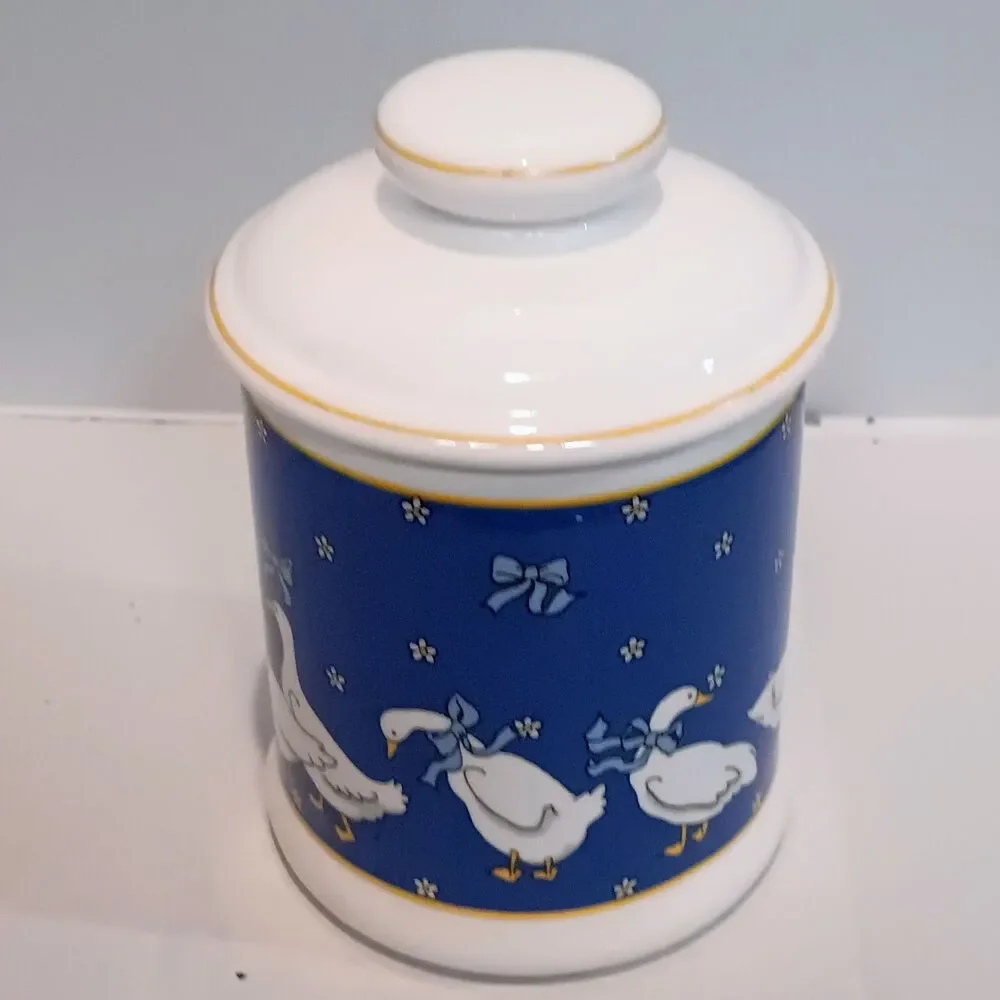 Vintage Ceramic Goose Canister Set-With Lids-Set Of 4-Geese-Ribbons-Country